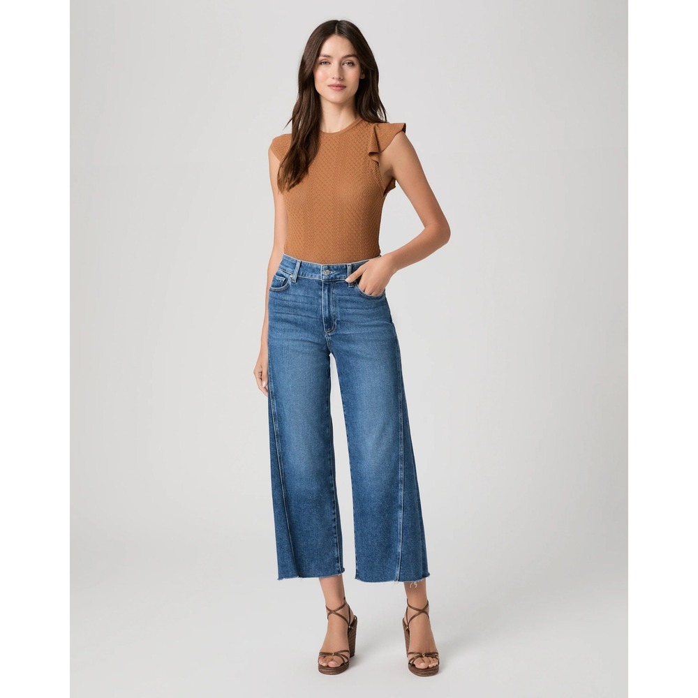 PAIGE Anessa W/ Twisted Outseam Panel Raw Hem Wide Leg Jeans Hollyhock 27 NWT